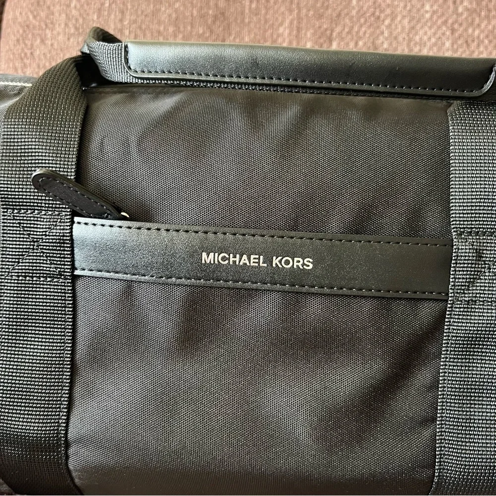 MICHAEL KORS Black Barrel Nylon Detachable Strap Silver-Tone Hardware Duffle Bag